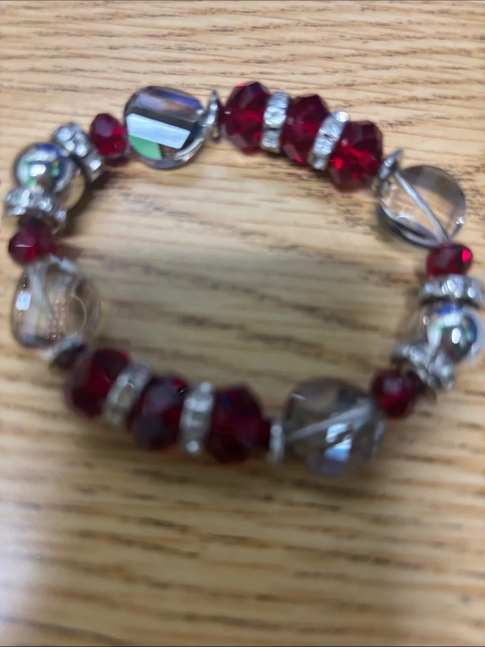 Unbranded Red & Iridescent Stretch Beaded Bracelet with Rhinestone Accents